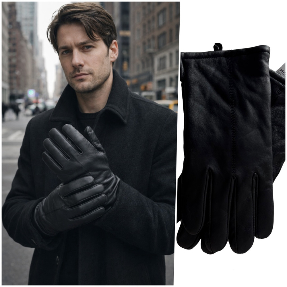 Nordstrom Mens Black Leather Gloves Fleece Lining Size L NWT